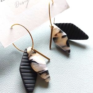 Hazel n Blue Handcrafted Black, Grey & Gold Drop Hoop Earrings NWT